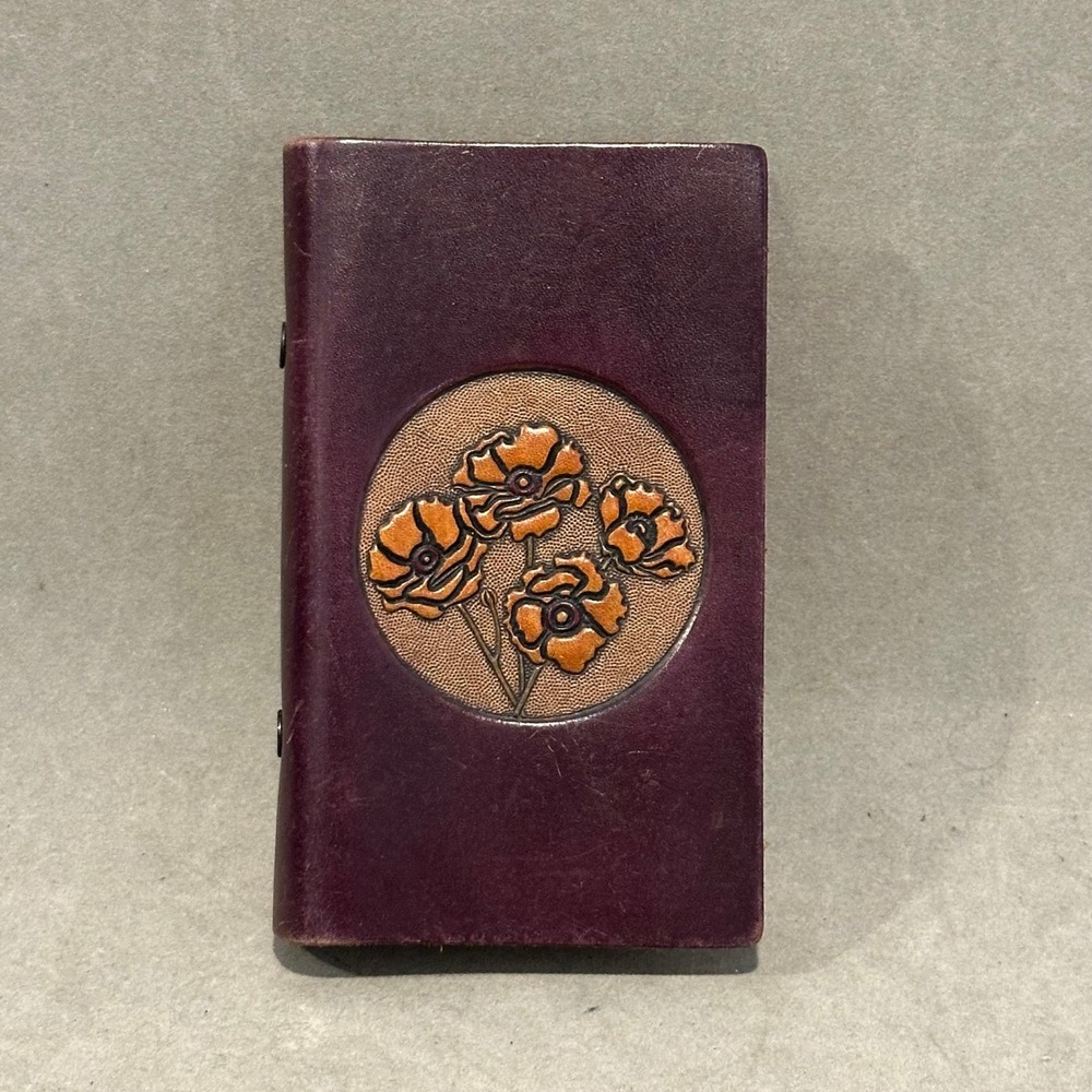 Vintage Tooled Leather Pocket Address Book Purple Poppy Floral Hand Crafted 5.5"